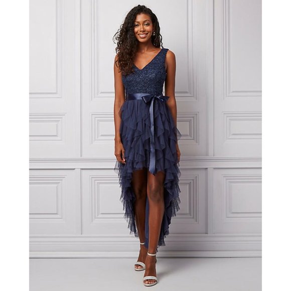 le chateau Dresses & Skirts - Women Le Chateau Metallic Knit Deep-V Fit & Flare Dress L Colour Navy
